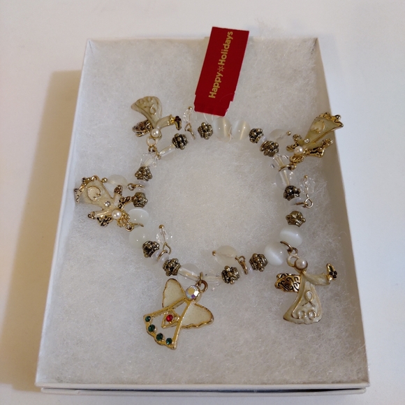 NEW Gold Tone Angels  White Beads Charm Bracelet  Holiday - Picture 6 of 7